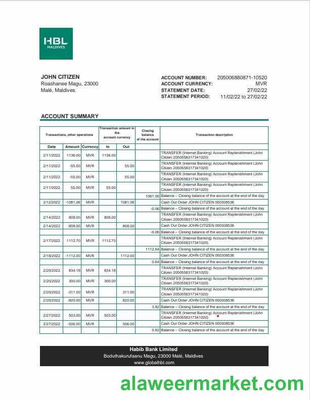 Maldives HBL bank statement Excel and PDF template